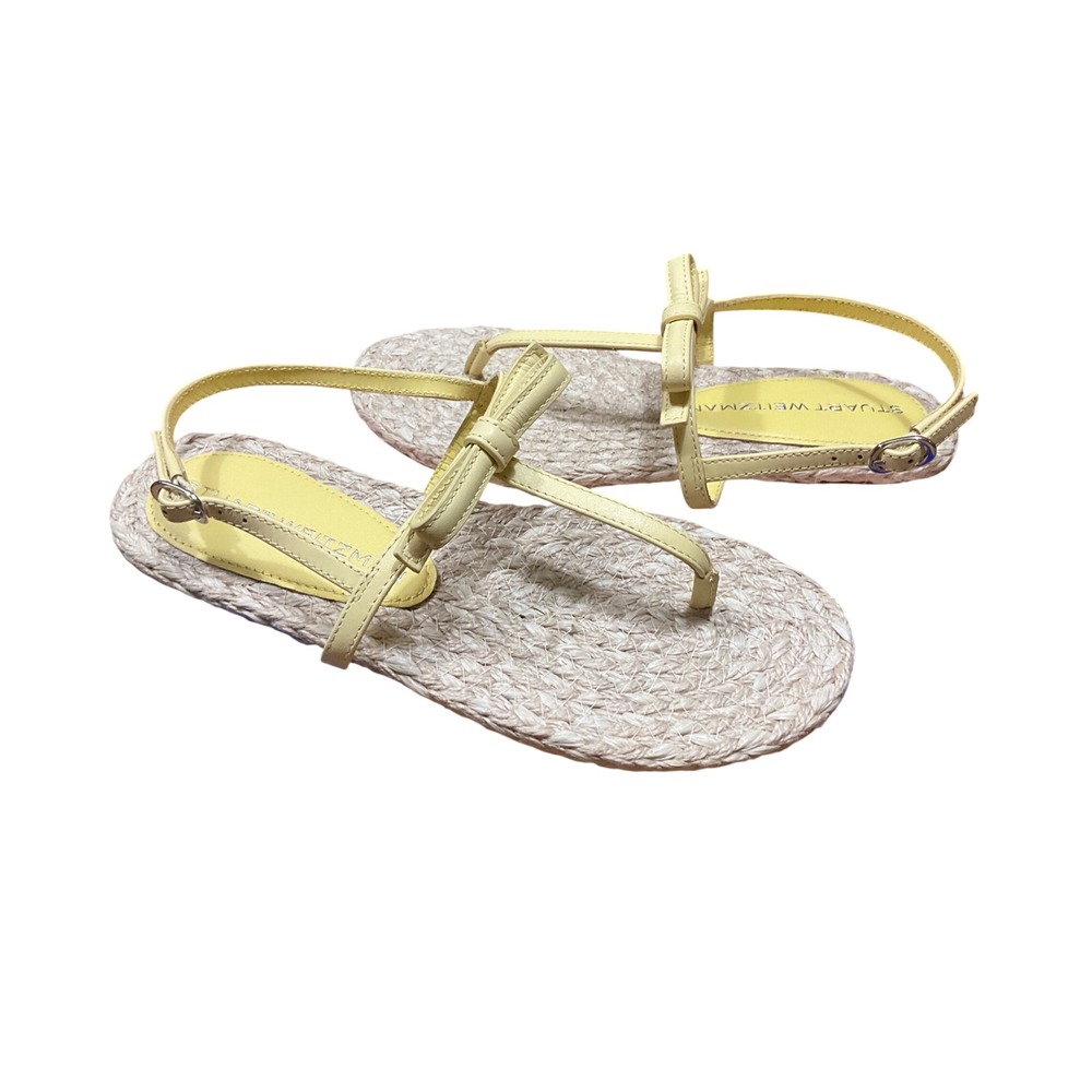 Stuart Weitzman Goldie Yellow Leather Bow Flat Sandals Size 6.5 SK823
